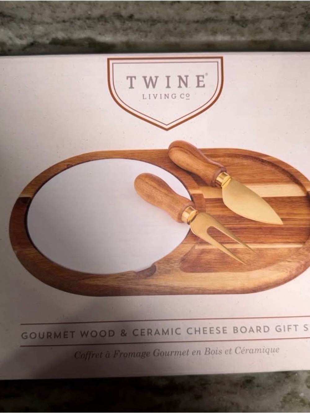 Twine Living Gourmet Wood & White Ceramic Cheese Board Set